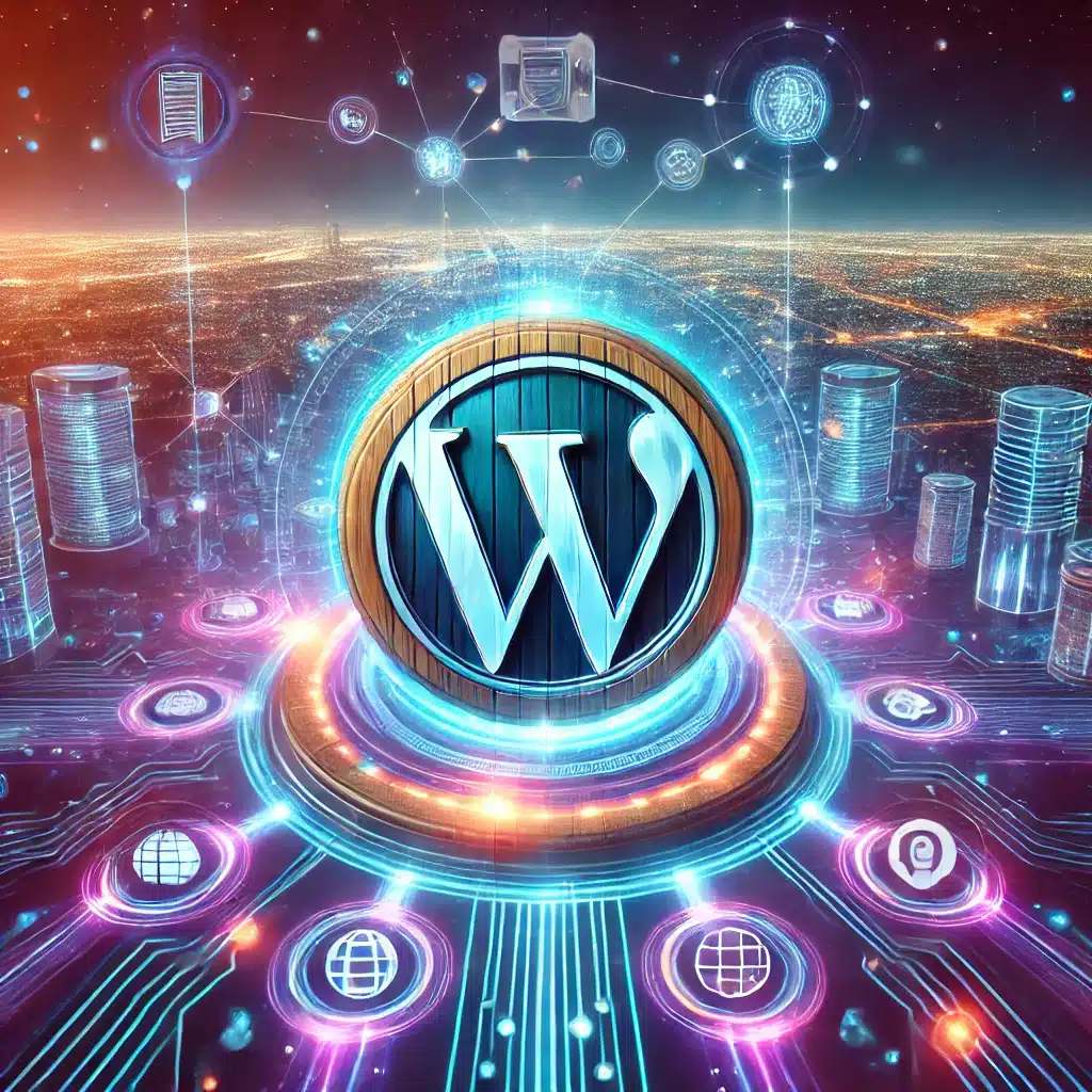 Représentation futuriste du logo WordPress entouré de flux de données