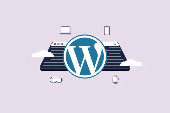 Le logo WordPress entouré d’icônes d’appareils (mobile, desktop, VR, montres connectées) – Une illustration du concept de « WordPress sans tête » où le contenu géré par WordPress peut être diffusé sur toutes sortes de plateformes grâce aux API.